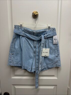 DL1961 Light Blue Paperbag Denim Shorts with Self-Tie Belt